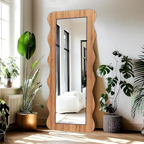 Image of Creative Arts n Frames 22 x 52 inch Full Length Dressing Chevel Long MDF Wood Zigzag Curvy Irregular Shape Framed HD Mirror Home Decor Items (Natural Iqurel Oak Light Zigzag1 Full Length Mirror)