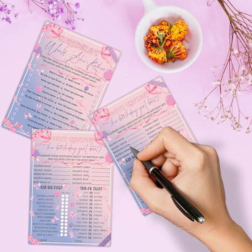 Image of Who Knows The Birthday Best - Pink Purple Party Games Card Set - Sleepover Slumber Party Supplies - Birthday Night Games Creative Idea - 20 Game Cards
