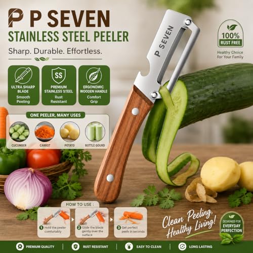 Image of Stainless Steel Vegetable Peeler with Wooden Handle & Built-in Bottle Opener - Single Blade Fruit & Veg Peeler with Ergonomic Grip, Rust Resistant Kitchen Tool for Home Cooking Use