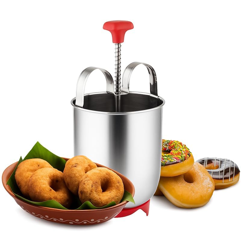 Stainless Steel Medu Vada Maker | Easy Press Vada Maker Machine for South Indian Snacks | Urad Dal Vada, Donut & Fritter Maker Kitchen Tool | Silver (Pack of 1)