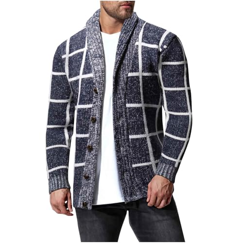Plaid Sweater for Men Shawl Collar Cardigan Sweater Plus Size Knit Sweaters Fall Winter Sweaters Slim Fit Cardigan
