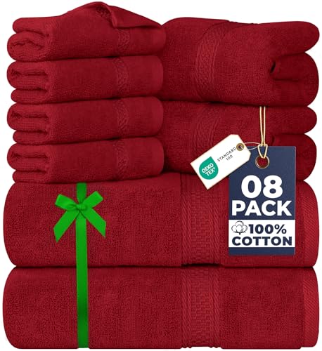 Utopia Towels - Juego de Toallas Premium de 8 Piezas; 2 Toallas de baño, 2 Toallas de Mano y 4 toallitas - Algodón - Calidad del Hotel, súper Suave y Altamente Absorbente (Rojo)