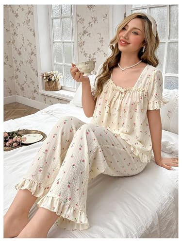 Verdusa Women's 2 Piece Pajama Sets Floral Print Puff Sleeve Bow Front Square Neck Short Sleeve Top and Pants Pajama Set3