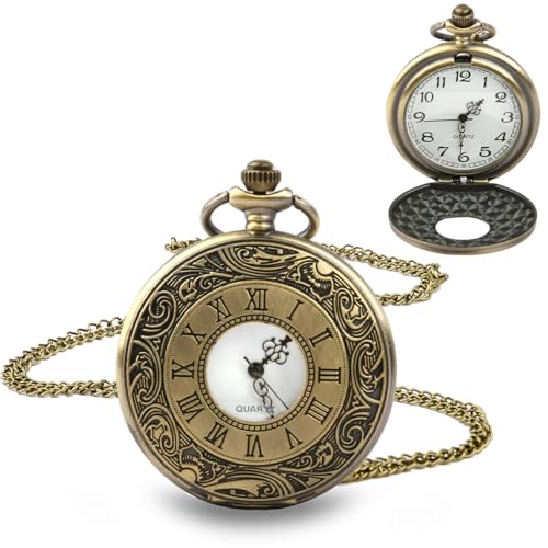Vintage Pocket Watch Men's Bronze Fob Watch with Chain Waterproof Retro Quartz Timepiece with Antique Steampunk Design Roman Numerals Precise Timekeeping for Wedding Cosplay Birthday Valentine's Gifts