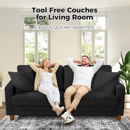 Image of Kidirect 70in L Shaped Couch, Modular Sofa No Tool Assembly, Comfy Sectional Couches for Living Room 21in Deeper Seats, Corduroy Sofas for Living Room with 2 Pillows, Loveseat Sofa Set, Black Couch