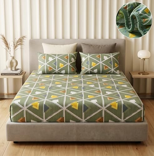 Image of VAS COLLECTIONS King Size Cotton Fitted Bedsheet (78 x 72 + 14 Inches) with Deep Pocket | 220 TC Soft Breathable Wrinkle Free Elastic Bed Sheet for King Mattress | (Geometric)