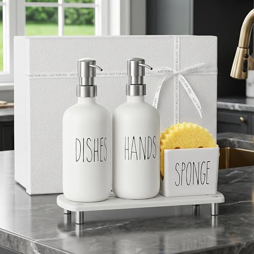 Image of Cisily Housewarming Gifts New Home Basket, Kitchen Soap Dispenser Set Comes with Ceramics Sponge Holder, Silver Stainless Steel Pumps, and Instant Dry Tray, Hand and Dish Soap Dispenser Set