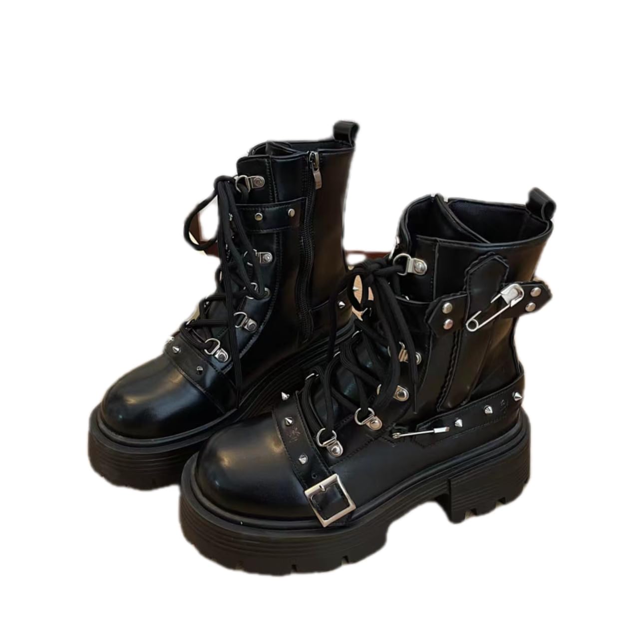 Womens Black Gothic Chunky Platform Combat Boots Round Toe Chunky Ankle Boots Lace Up Zipper Closure