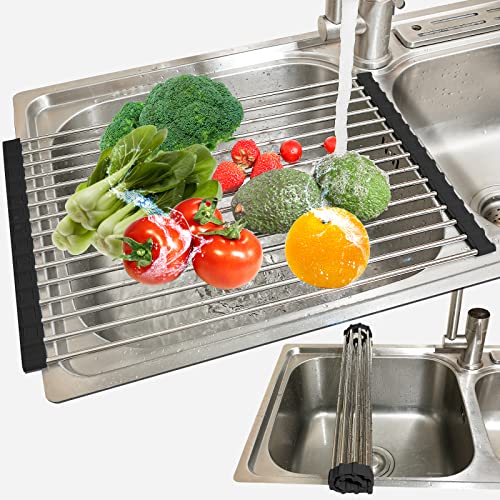 Image of Ahyuan Roll Up Dish Drying Rack Multipurpose Kitchen Dish Rack Roll Over The Sink Dish Drying Rack Portable Rolling Dish Drainer For Kitchen Sink RV Accessories (Black, 17.7''X11.2'')