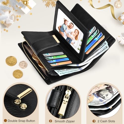 BKNOOU Small Wallets for Women RFID Blocking Leather Wristlet Wallet Ladies Wallet Card Holder Compact Bifold Wallet with Coin Pocket (Black)3