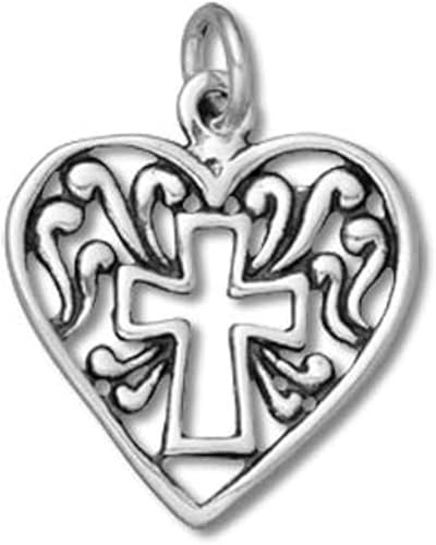 Corazón de plata esterlina con dije de cruz - Artículo #3209, Plata esterlina, No es una piedra preciosa