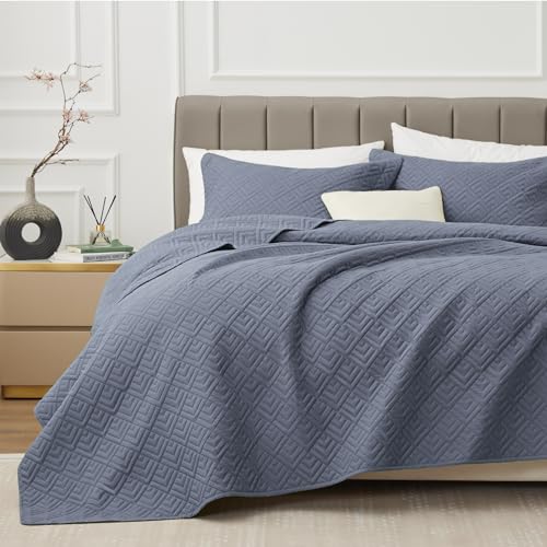 EXQ Home Quilt Set King Size Blue 3 Piece, Lightweight Soft Coverlet Modern Style Squares Pattern Bedspread Set for All Season(1 Quilt,2 Pillow Shams)