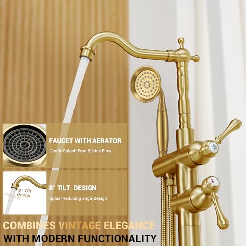 Freestanding Tub Faucet Sets, JetsBath Floor Mount BathTub Filler with 360° Swivel Spout & Handheld Sprayer, Brushed Gold Floor Mount Bathtub Faucet Single Handle with Supply Hose by JetsBath - Used condition - Image 4