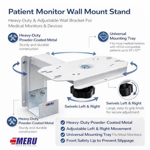 Image of Wall Mount for Patient Monitor | Heavy-Duty Powder-Coated Steel | Adjustable Left & Right Movement with Ergonomic Black Knob | Universal Mounting Tray | Cable Holder | Medical & ICU Use (FRIENDLY)