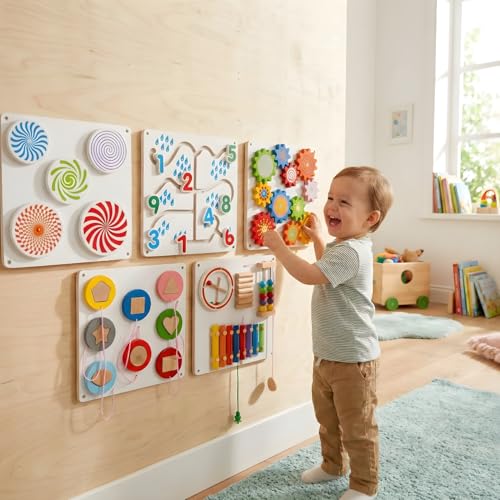 Image of Wall Mounted Sensory Activity Board Set of 5 for Toddlers 1-4 Years - Wooden Montessori Learning Panels with Gears, Numbers, Shapes & Xylophone for Nursery & Playroom | Blue Bells Toys