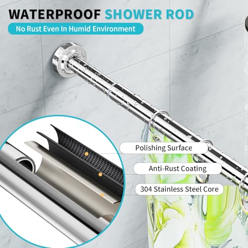 Image of Shower Curtain Rod 34-66 Inches Never Rust 304 Stainless Steel Tension Curtain Rod Adjustable Shower Rod Spring Tension Non-Slip No Drilling Shower Rods for Bathroom Window