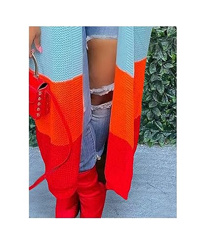 Image of SOMTHRON Women's Fall Cardigan Sweater Open Front Color Block Striped Knit Long Draped Coat Duster Outerwear
