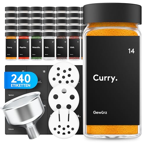 ZMILLA® Gewürzgläser Set Schwarz [24 Stück] Eckig mit Streueinsatz | Inklusive 240 Etiketten +...