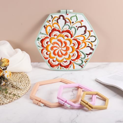 Image of PATIKIL 5 Pieces 4.1 inch x 3.7 inch Hexagonal Embroidery Hoops, Adjustable Cross Stitch Hoops Ring ABS Plastic Embroidery Frame Punch Needle Hoop for Sewing, Needlework, DIY Craft, Multicolored