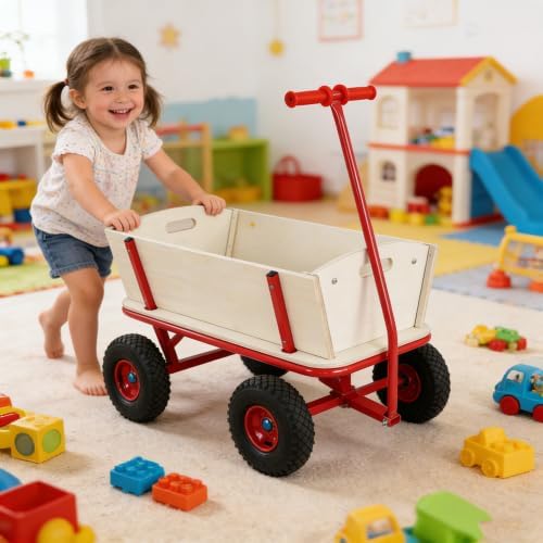 Wooden Outdoor Sport Wagon All-Terrain Handcart with Removable Side Panels Kids Pulling Cart Foldable Pet Stroller for Halloween Christmas, Natural Color