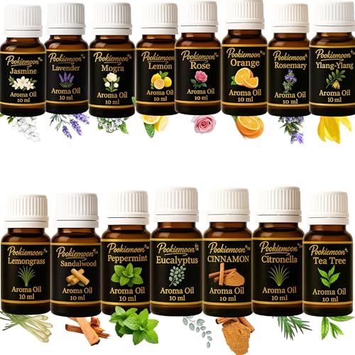 Pookiemoon Aroma Essential Oils Set for Diffuser, 15 Natural Scents Including(Jasmine, Lavender, Rose, Mogra, Lemon, Orange, Sandalwood, Peppermint, Eucalyptus, Cinnamon, Tea Tree & More)10ml Each | Essential Oil Set Aroma | Diffuser Oil Home Fragrance, Aromatherapy, Natural Essential Oil Set.