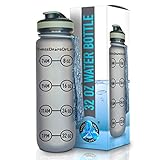 Three Drops of Life New 32 oz Sports Water Bottle, Best Original Frosted Gray Time Tracker and Goal Timer Bottle Design for H2O Monitoring, Diet, Nutrition and Fitness