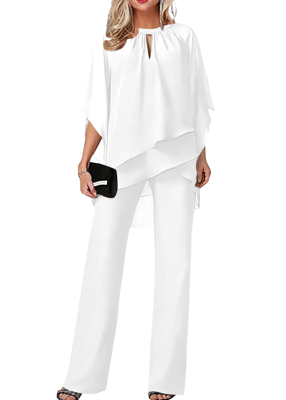 Traje de pantalón para mujer, de tul, juego de dos piezas con camisa de gasa y cintura alta, elegante, vintage, 2 piezas, para cóctel, fiesta, festivo, traje de noche para mujer