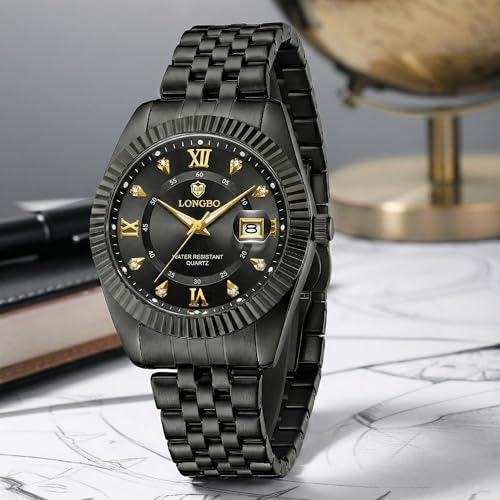 Image of Longbo Trident 83831 Analog Watch with Studded Dial Accents, Stainless Steel Bracelet, Luminous Hands & Date Display | Men | Office, Business, Formal & Gifting
