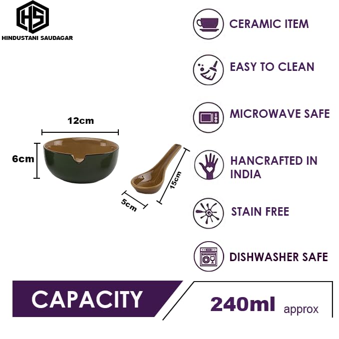 HS Hindustani SAUDAGR Urban Mattee Green Ceramic Curved Wooden Bowl  Set of 2(240ml Each) Soup Curved Wooden Bowl  Without Handle & with Spoon Microwave Safe Bowls katori Ideal for Snacks Rice dal Desserts and Gifting. - Image 4 thumbnail