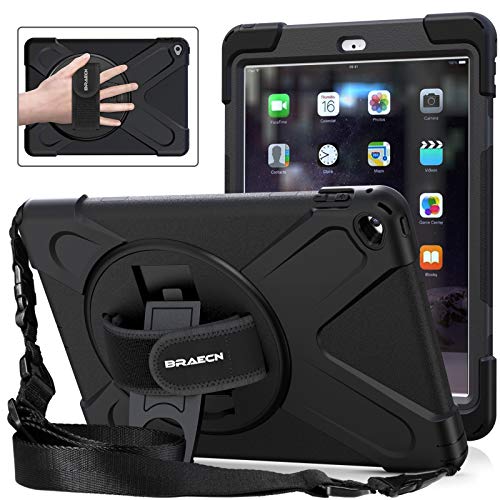 BRAECNstock iPad Air 2 Case 9.7 Inch (2014) Case for iPad Model A1566/A1567, 360 Degrees Built-in Stand Heavy Duty Hand&Shoulder Strap Full-Body Protective Case for iPad Air 2-Black