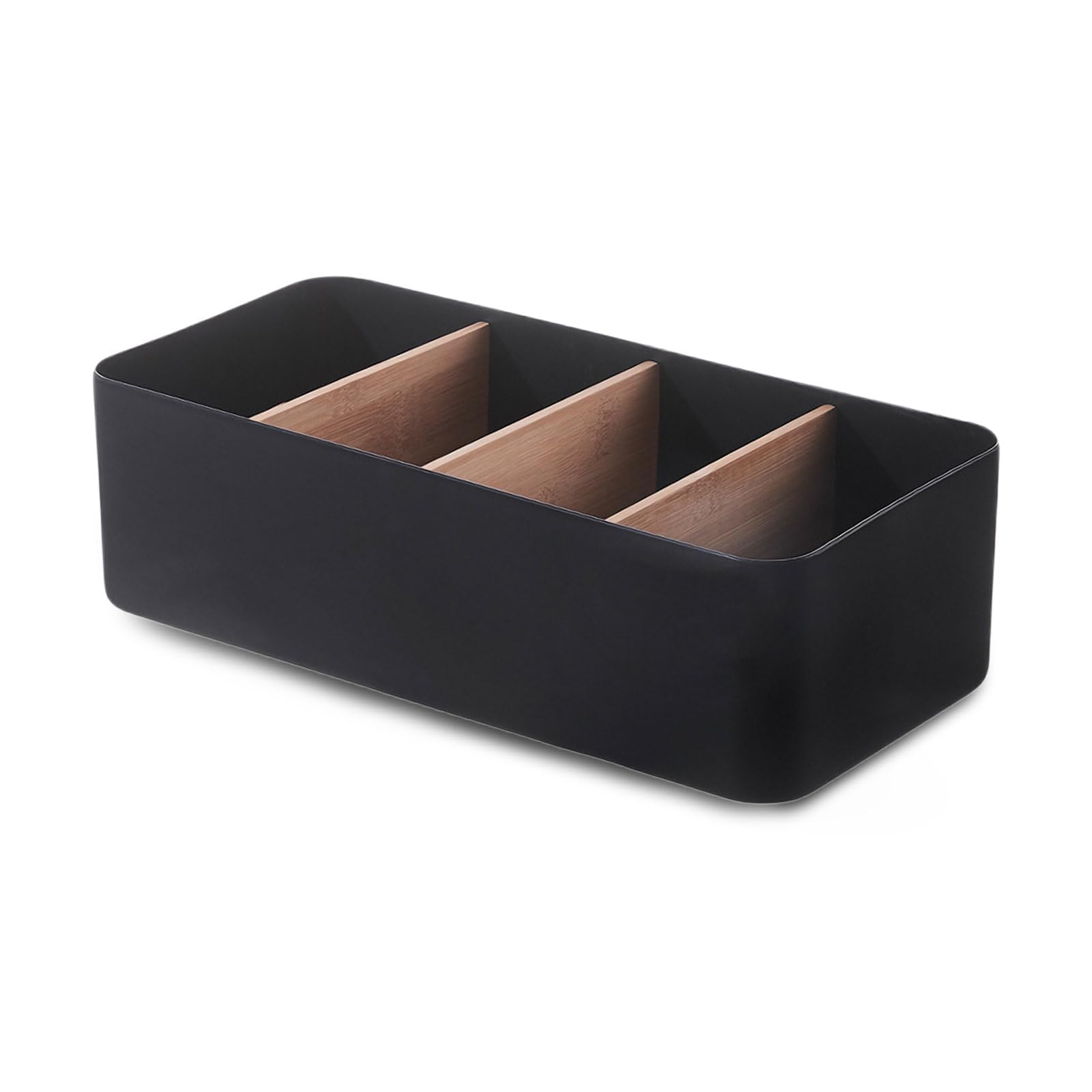 Desk Organiser, 4/8 Compartments, Bamboo Office Organiser with Pen Holder, Multifunctional Removable Office Organiser, Desktop Remote Control Holder for Pens, Cosmetics (Black, 4 Compartments)