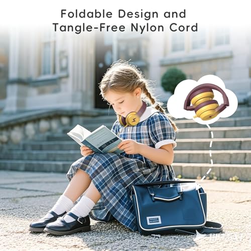 Image of Candy Bila Kids Headphones, Wired Headphones for Kids Over Ear with Microphone, 85 /94dB Volume Headphone for Girls Boys, Foldable Headphone for Learning, Gradient Brown and Yellow