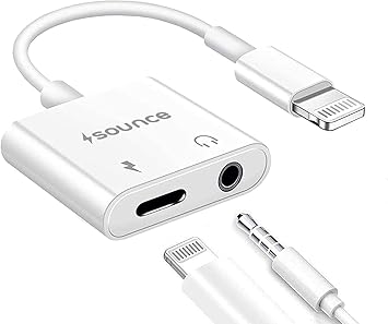 Sounce 2 in 1 Lightning to 3.5 mm Headphone Jack Adapter with Charging Port Connector, iOS to Audio & Charging Cable Splitter for iPhone, iPad, Headphone/Earphones - White - image, photos