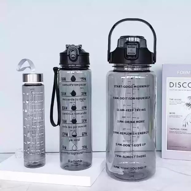 Motivational Water Bottle Set (3 Pack) | 300ml 800ml 2000ml Time Marker Hydration Bottles | BPA Free | Leakproof | Reusable Fitness Gym Sports Water Bottles (Pink)