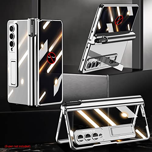 Demcert For Samsung Galaxy Z Fold 4 Case With Magnetic Hinge Protective,Luxury Anti Peeking Protective Film Transparent Plating Pc Stand Cover Anti-Scratch Shookproof Case With S Pen Slot (Silver) #TOP1