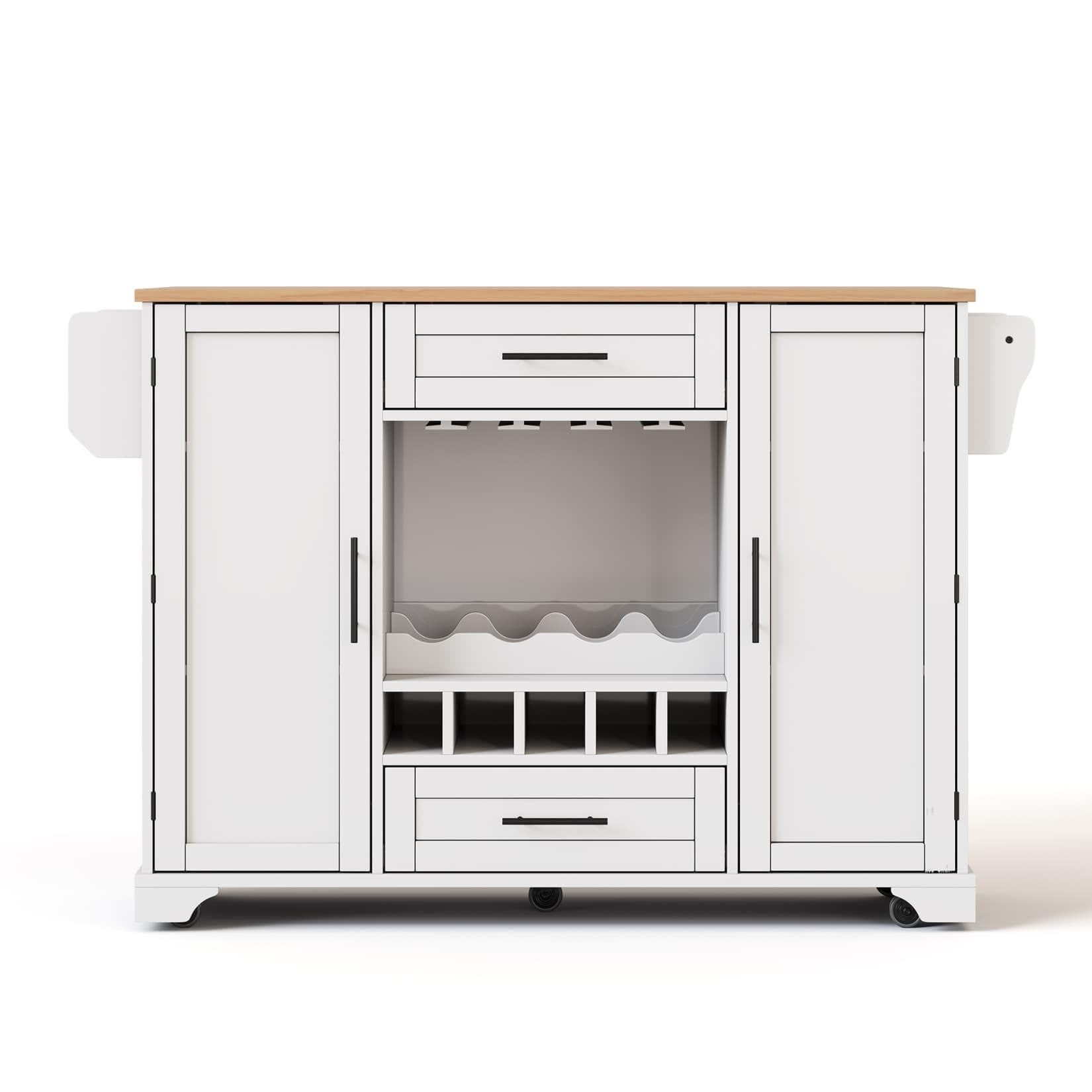 Îlot Central Cuisine avec Porte-Bouteille,Plan de Travail(D-Blanc) | Porte-Verres à vin,2 Tiroirs,Étagères Réglables,Étagère à épices,pour Cuisine