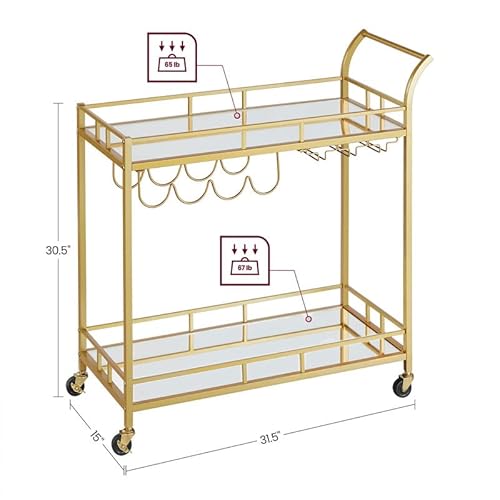 Vasagle Bar Cart Gold, Home Bar Serving Cart, Wine Cart With 2 Mirrored Shelves, Wine Holders, Glass Holders, For Kitchen, Dining Room, Gold Ulrc090A03 #TOP2
