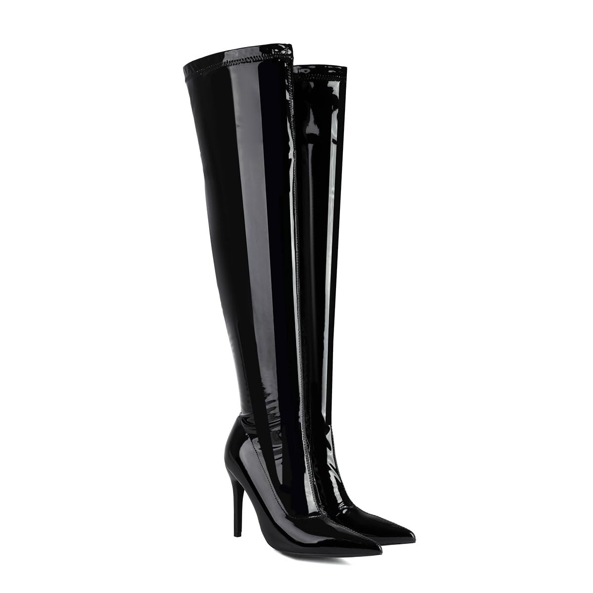 Feinlina Schwarze Over The Knee Stiefel Sexy Pointed Toe Lackleder Oberschenkel hohe Stiefel für Frauen