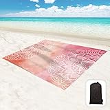 Hiwoss Beach Blanket Waterproof Sandproof Oversized 95”x 80”,Sand Free Beach Mat with Corner Pockets,Portable Mesh Bag (OrangeRedMandala)