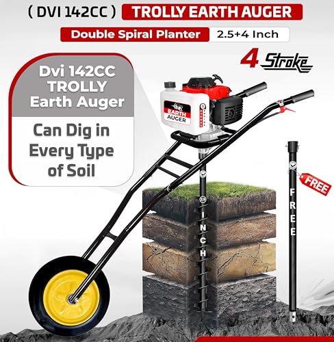 Image of DVI 142CC Trolley Earth Auger Machine, 4-Stroke Petrol Engine - with 2.5 Inch + 4 Inch Double Spiral Planter Bits & Free Extension Rod | for Plantation, Fencing & Post Hole Digging in All Soil Types.