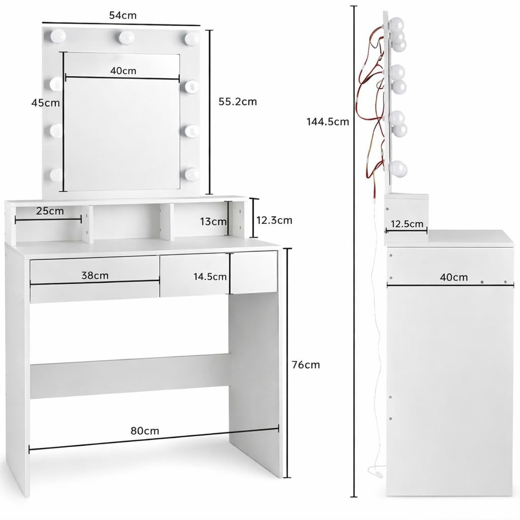 Tocador de maquillaje con Luz | Mueble tocador con Espejo 2 cajones y estantes de almacenamiento | Mesa de maquillaje moderno blanco para dormitorio, cómoda organizadora cosméticos y joyas