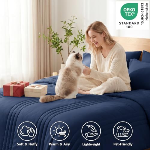 Image of CozyLux Queen Comforter Set Navy Blue - 7 Pieces Bed in a Bag, Modern Vertical Quilted Room Decor, Soft All-Season Bedding Gift with Comforter, Sheets, Pillowcases & Shams