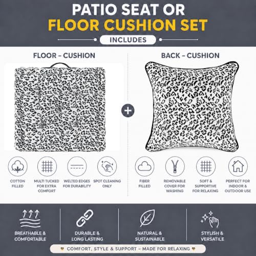 Image of Woven Quilted Floor Cushion Set 50x50x10 CM White and Black Animal with Fillers & Back Cushion, Large Size for Seating, Patio Seat, Meditation, Yoga, Pooja, Guests, Living Size 20x20x4