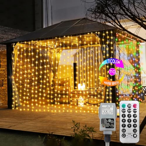 ZAIYW 6mx3m 600 LED Curtain Lights, Dual Color Curtain String Light with Remote Timer Plug in, Waterproof Curtain Fairy Lights for Bedroom Wedding Christmas Outdoor Decor (Warm White & Multicolor)