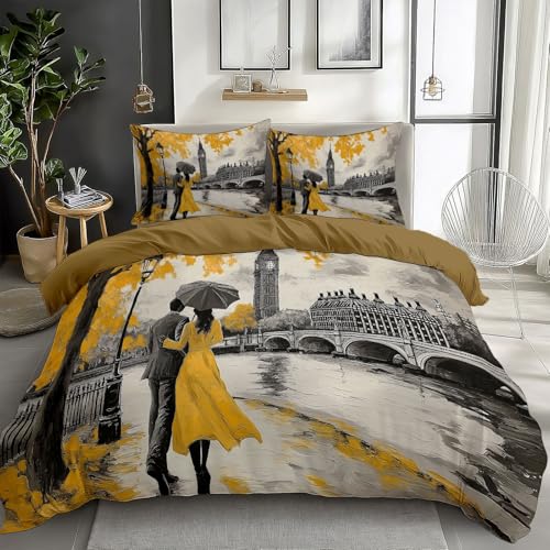 Dark Goldenrod Bedding Sets Oil Painting London Love Gray Print Duvet Cover Set, Comforter Cover Full Size Soft Breathable Reversible 3-Piece Bedding for Kids Teens