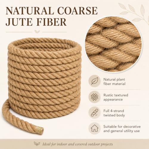 Image of 1 Inch x 100FT Jute Rope 25mm 4-Strand Thick Twisted Hemp Rope