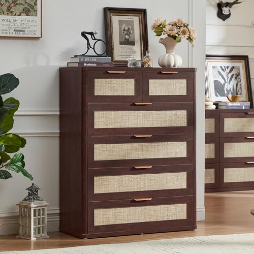 Image of LEYAOYAO Rattan Dresser for Bedroom Set of 2, 41 inch Tall Chest of Drawers, Modern 6 Drawers Boho Dressers with Storage, Vintage Brown Dresser Wooden Closet Organizer for Living Room, Hallway