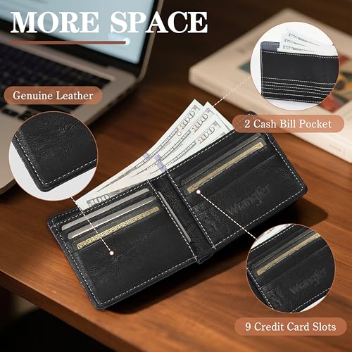 Wrangler Leather Bifold Wallet for Men Minimalist Western Wallet with Money Slot, Stylish Gift for Men, Black3