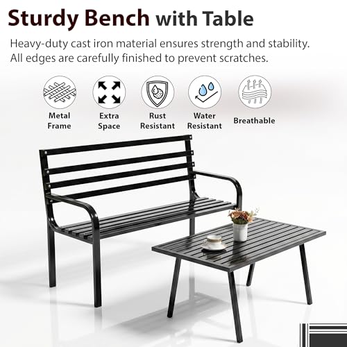 Image of BRISHI 2 Seater Metal Garden Bench & Center Table for Indoor & Outdoor Park /Patio /Living Room /Terrace /Balcony (Black)