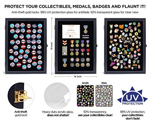 Flybold Pin Display Case Military Shadow Box Pin Collection Display Military Medal Display Case Pin With Uv Protected Anti Fade 92% Clear Display Holder Board Frame For Patch Ribbon Award 19 X 14 In Black thumb #1